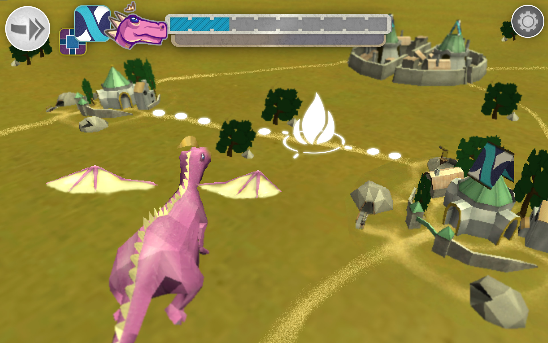 3D view of a pink dragon in flight, bearing down on a road between two stone settlements where a flame symbol has appeared.