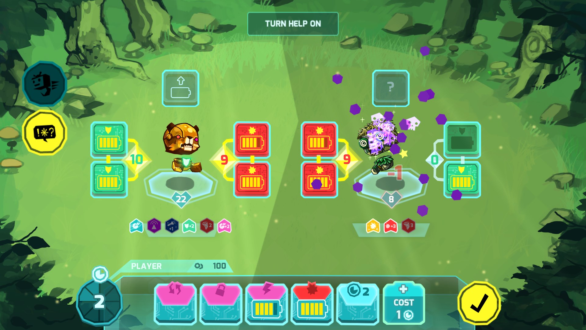 A bear robot has launched an attack on one decorated with leaves, inflicting a haze of disorienting purple pixels upon it. The player's hand of additional cards lines the bottom of the screen.