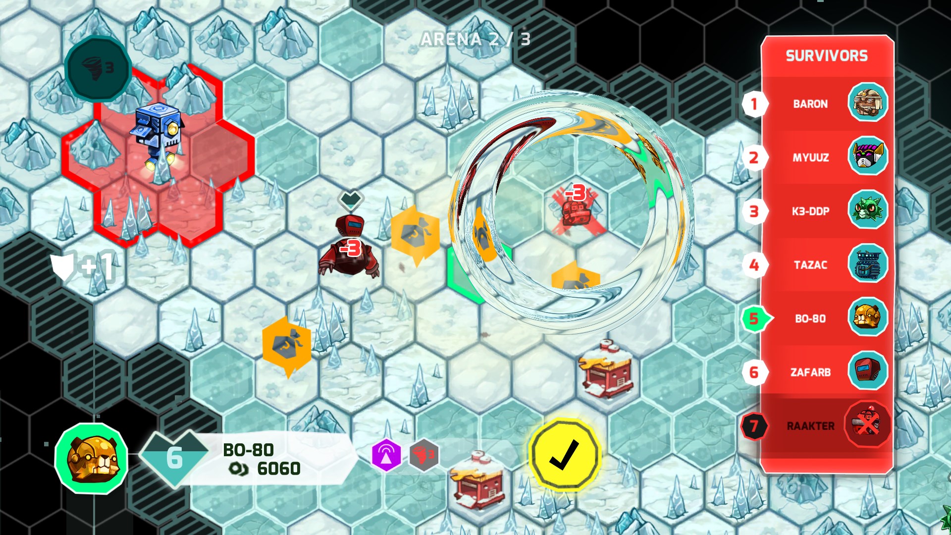 Several robots occupy an ice-themed hexagonal grid, with a tally of surviving robots on the right-hand side. A robot has just suffered a disorienting effect near the centre of the screen.