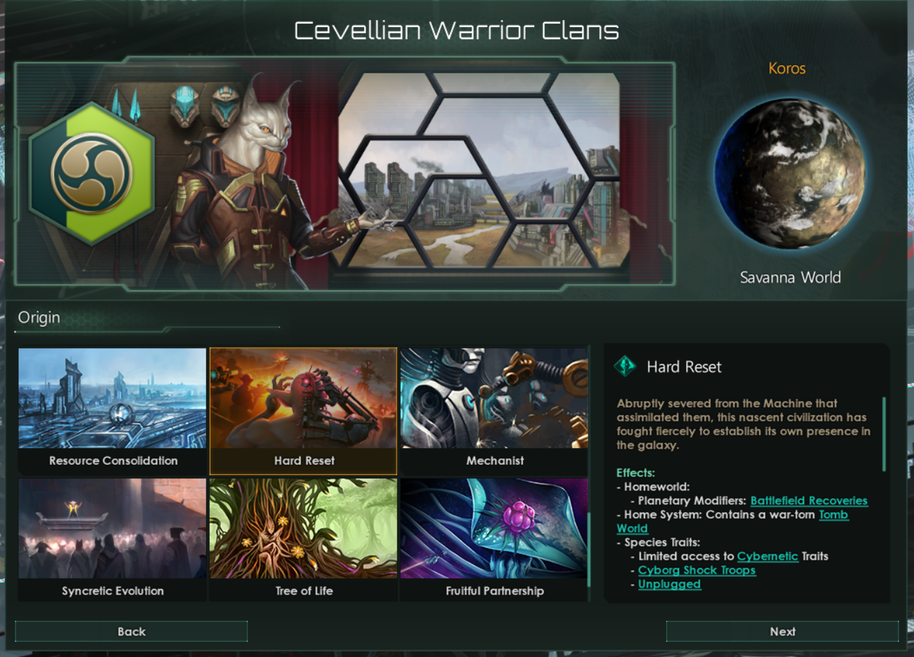 Summary screen for the Hard Reset origin, whose thumbnail features a pained cyborg torn between scenes of machine conflict. The description reads: 'Abruptly severed from the Machine that assimilated them, this nascent civilization has fought fiercely to establish its own presence in the galaxy.'